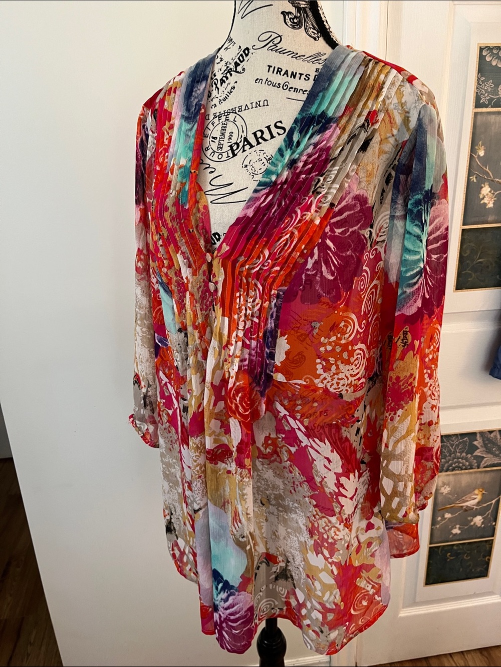 Tribal Multicolor Floral Pleated Tunic - Red, Pink, Orange, Yellow, Blue, Green - Picture 6 of 8